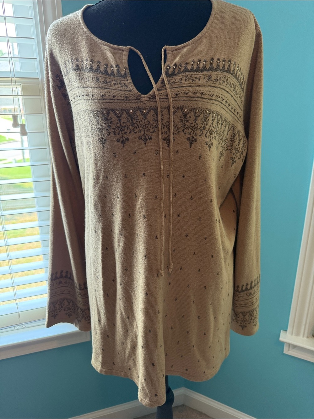 Lane Bryant Tan Sweater with Dark Brown and Sequin Design
